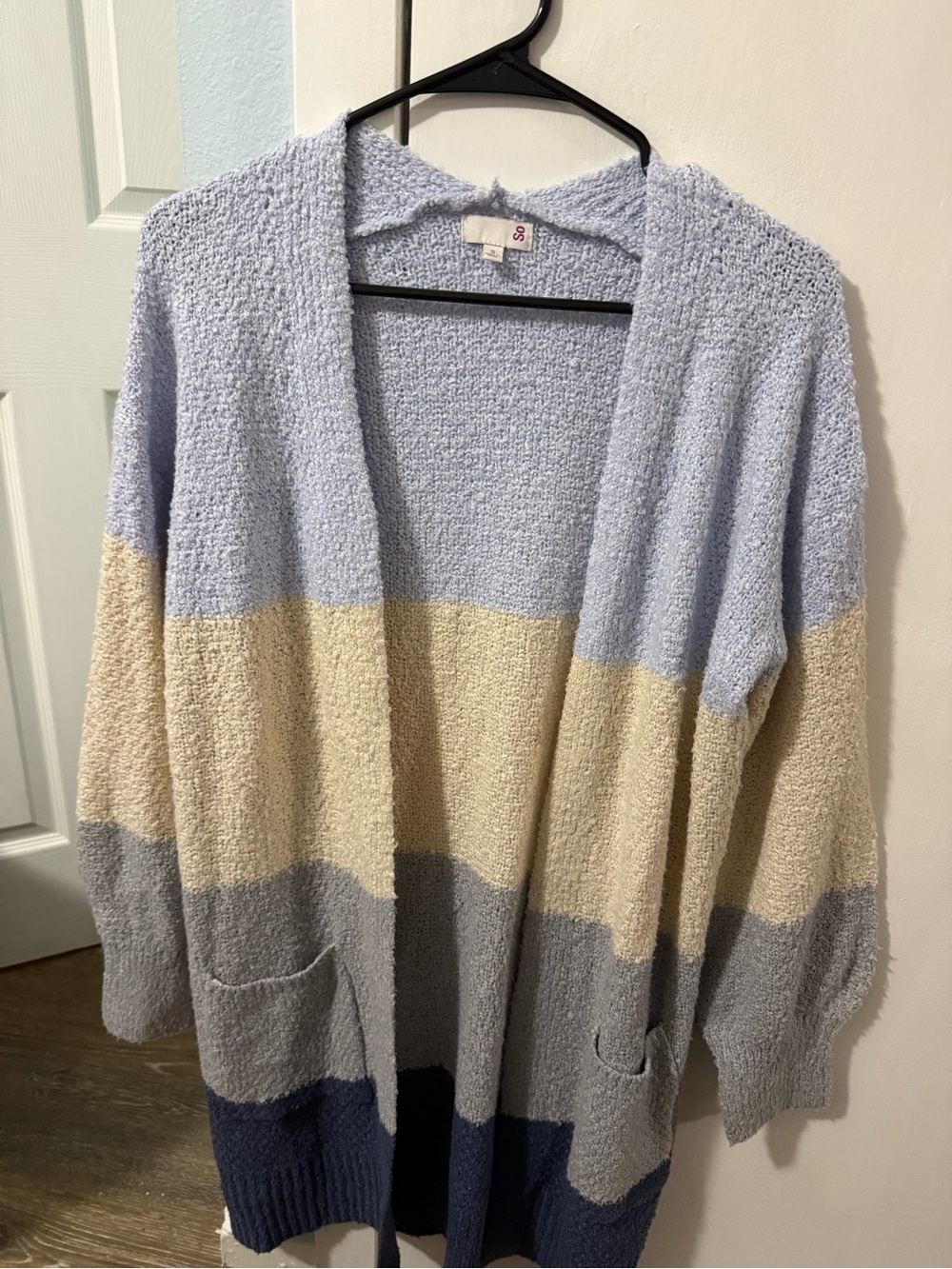 Cozy Colorblock Open-Front Cardigan - Light Blue, Cream & Gray
